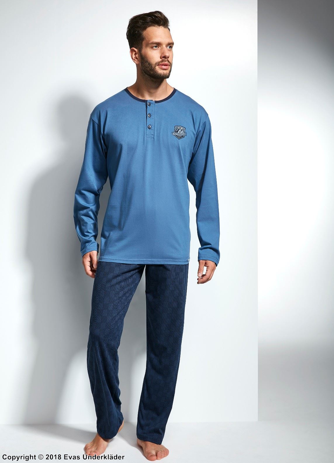 Men's top and pants pajamas, long sleeves, buttons